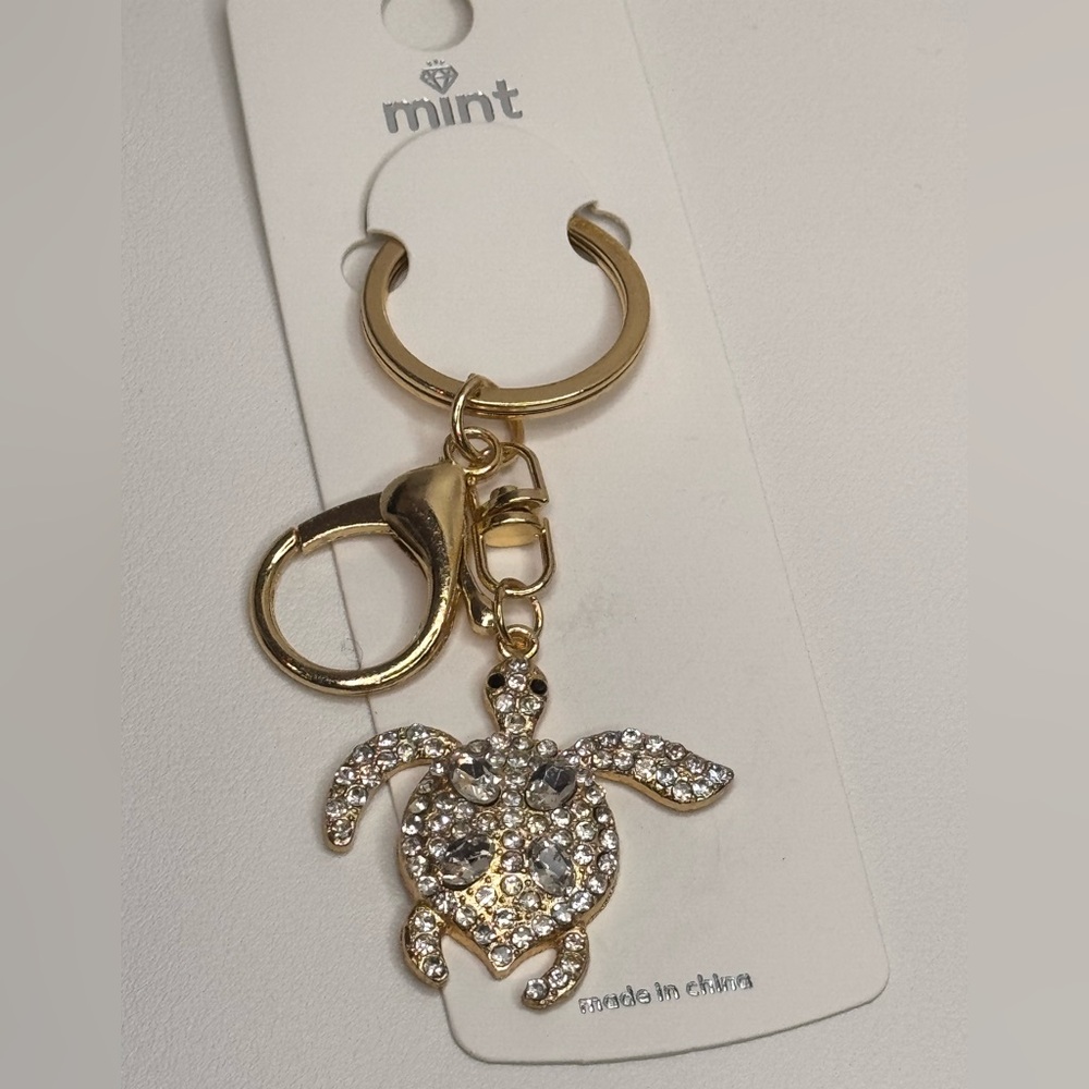 BAG CHARM Mint Gold and Crystal Turtle Keychain